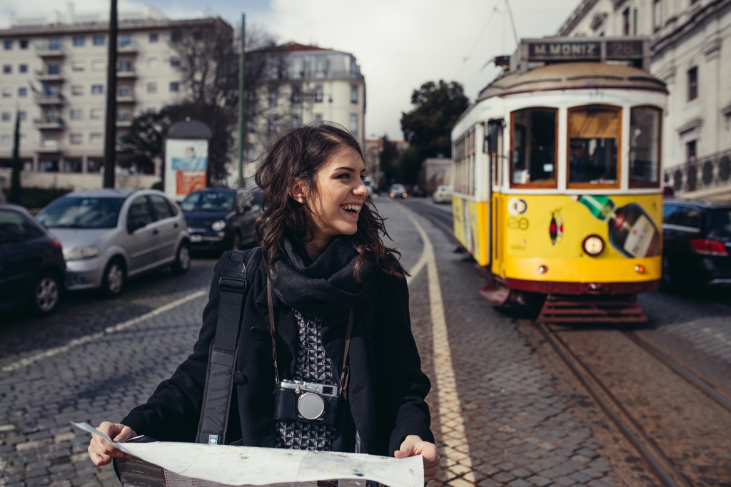 Female behind the tram in Portugal